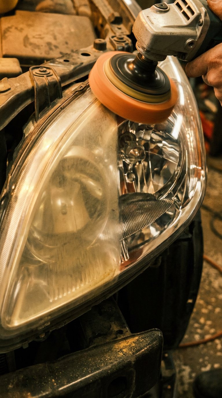 Phare automobile en cours de polissage, moitié ternie moitié translucide