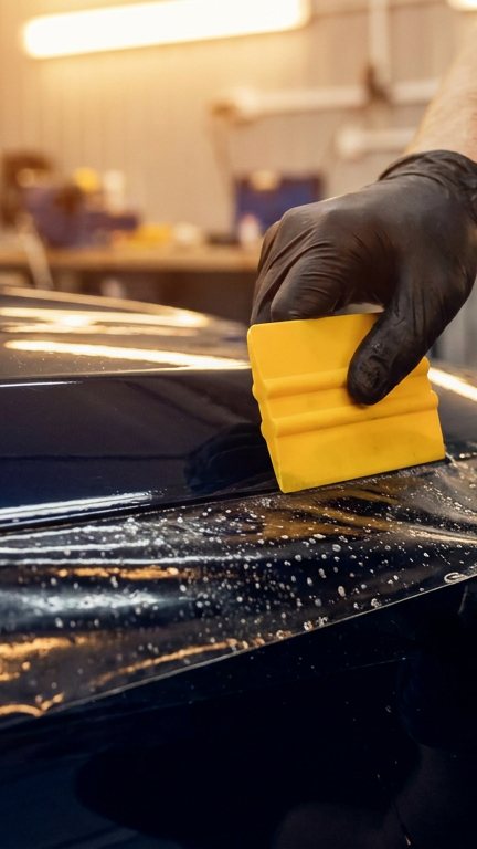 Film de protection PPF posé sur un capot bleu nuit